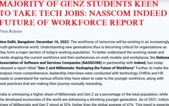 MAJORITY OF GENZ STUDENTS KEEN TO TAKE TECH JOBS: NASSCOM INDEED FUTURE OF WORKFORCE REPORT