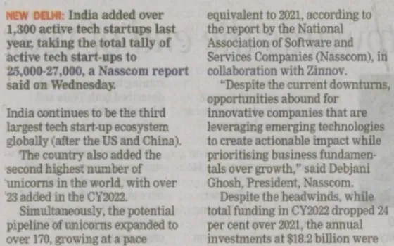   India added 1,300 tech start-ups last yr, 27k active now