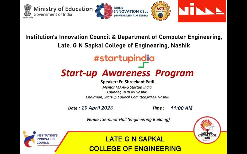 Startup India Awareness Program at Late G N Sapkal College of Engineering, Nashik